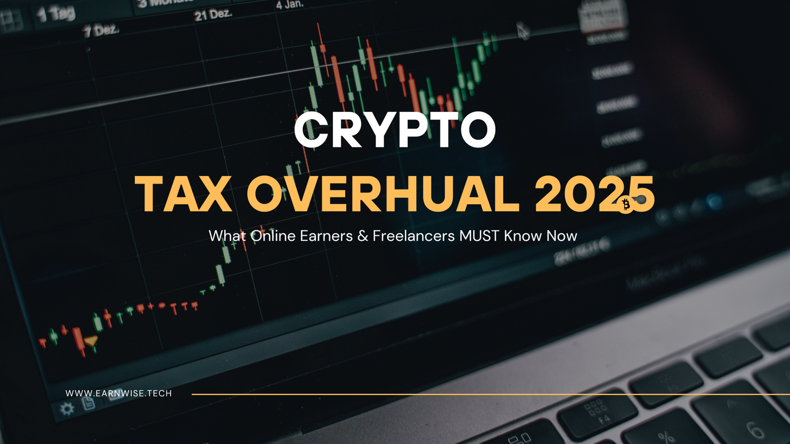 A graphic illustrating the 2025 crypto tax overhaul for online earners and freelancers, showing cryptocurrency symbols and tax documents.