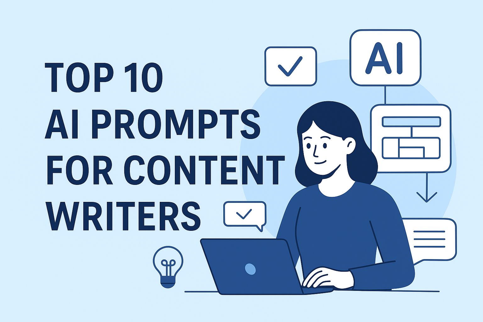 Illustration of content writer using AI tools with text Top 10 AI Prompts for Content Writers